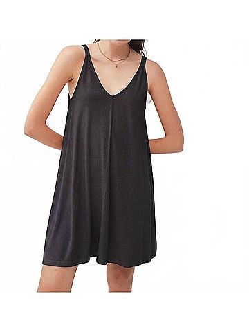 Be Cool Ribbed V-Neck Knit Mini Dress in Charcoal (view 2)