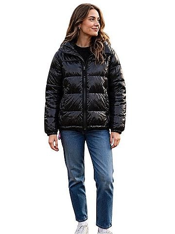 Gap Shiny Black Quilted Puffer Jacket with Hood Jacket (view 1)