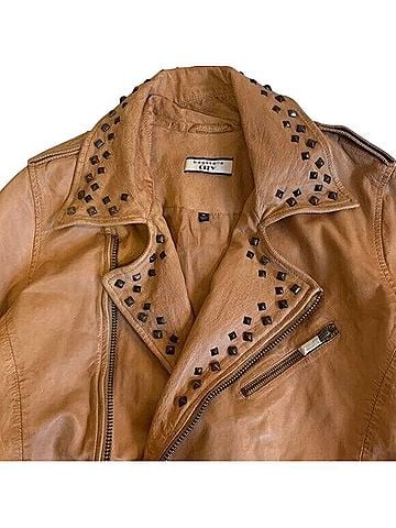 Bagatelle City Tan Leather Biker Jacket w/ Pyramid Studs Jacket (view 2)