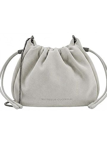 Brunello Cucinelli Women's Suede Mini Mellow Bucket Handbags in Light Gray (view 2)