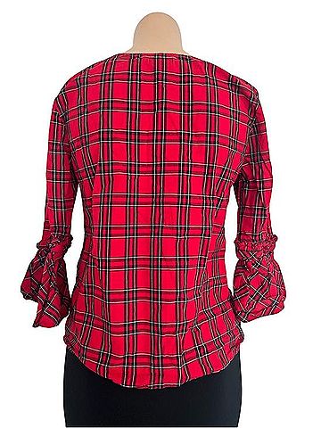 IZOD Red Plaid V-Neck Blouse with Ruffle Sleeve Detail 3/4 Sleeve Blouse (view 2)