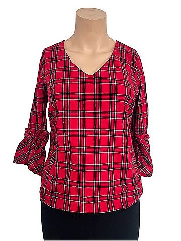 IZOD Red Plaid V-Neck Blouse with Ruffle Sleeve Detail 3/4 Sleeve Blouse (view 1)