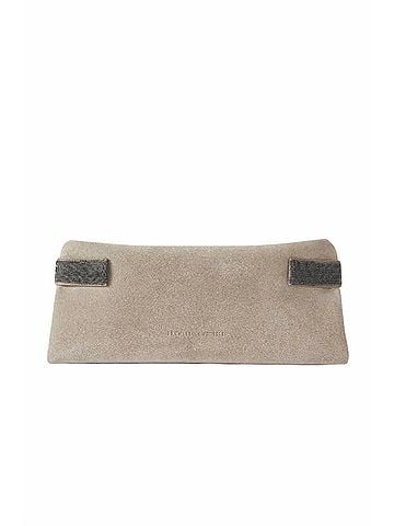 Brunello Cucinelli Women's Bead-Embellished Leather-Trimmed Suede Clutch in Gray (view 1)