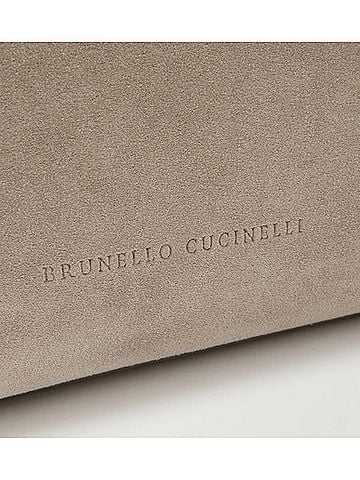 Brunello Cucinelli Women's Bead-Embellished Leather-Trimmed Suede Clutch in Gray (view 2)