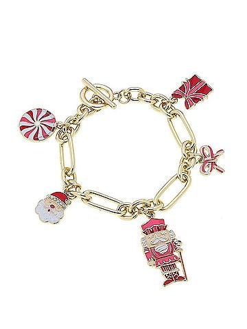 Canvas Women's Christmas Cheer Enamel Charm Bracelet in Red Pink White (view 1)