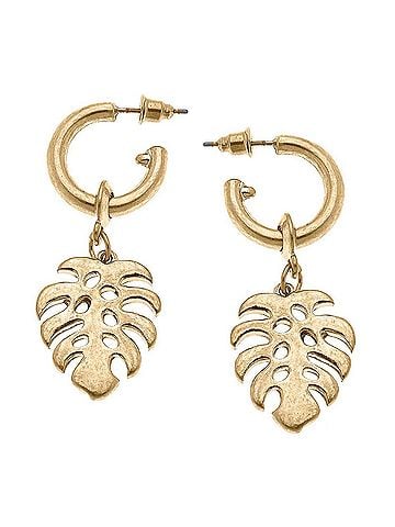 Canvas Women's Monstera Leaf Drop Hoop Earrings in Gold (view 1)