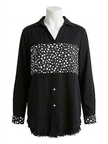 Umgee Button Down Frayed Long Sleeve Shirt in Dalmatian (view 1)