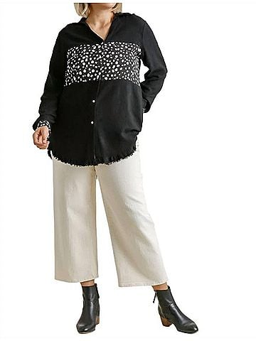 Umgee Button Down Frayed Long Sleeve Shirt in Dalmatian (view 2)