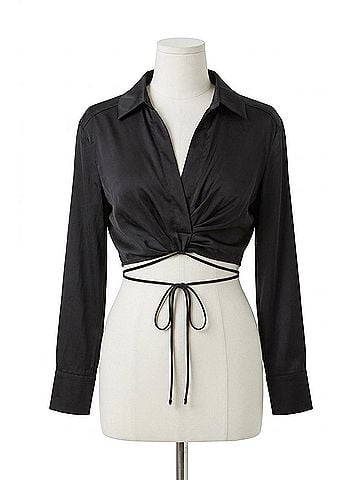 Astr Perry Satin Wrap Front Tie Waist Top in Black (view 1)