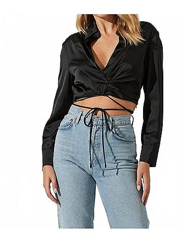 Astr Perry Satin Wrap Front Tie Waist Top in Black (view 2)