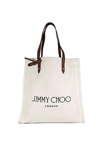 Jimmy Choo JIMMY CHOO Logo Tote Bag, Canvas and Leather, White Brown, Women's (view 1)