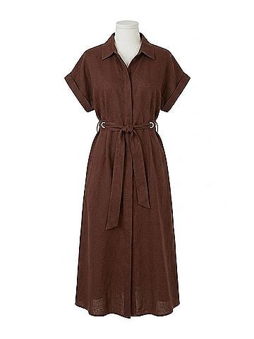 Joseph Ribkoff Belted Linen Midi Fit And Flare Dress in Mahogany (view 1)