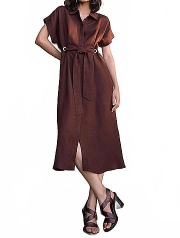 Joseph Ribkoff Belted Linen Midi Fit And Flare Dress in Mahogany (view 2)
