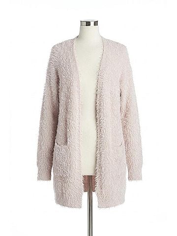 Papillon Fuzzy Long Cardigan With Pockets in Blush (view 1)
