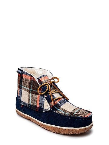 Minnetonka Women's Torrey Faux Fur Lined Slipper Bootie in Navy Multi (view 2)