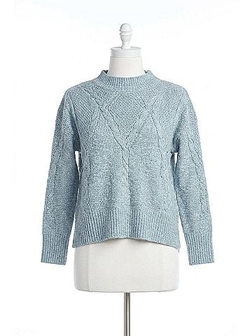 Papillon Heathered Cable Knit Mock Neck Sweater in Blue (view 1)
