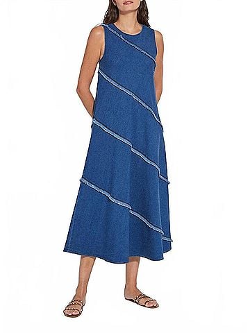 Lyssé Mirabella Fringed Midi Denim Dress in Mid Wash (view 2)