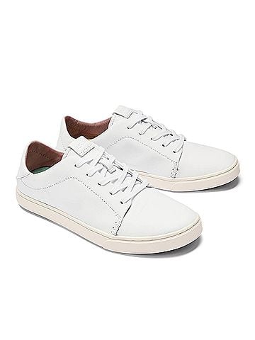 OluKai Women's Pehuea Li 'Ili Everyday Leather Sneakers in White/ White (view 1)