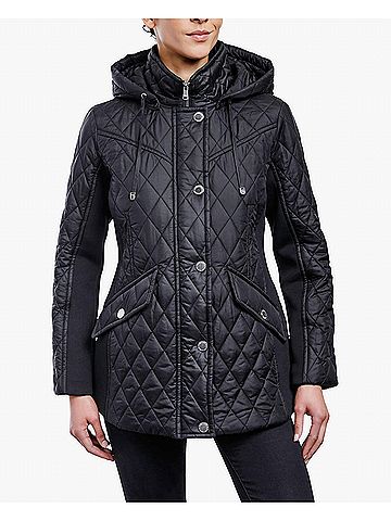 London Fog Zip Front Hooded Quilted Jacket in Black (view 2)