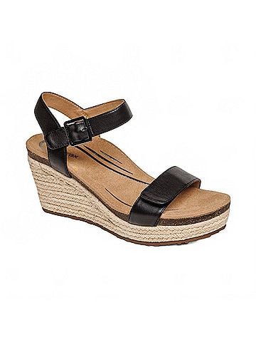 Aetrex Women's Sydney Espadrille Quarter Strap Wedge Sandals in Black Leather (view 1)