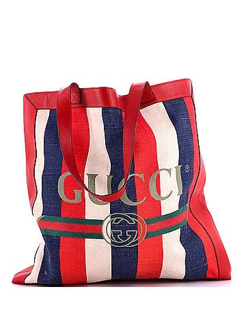 Gucci Logo Tote Striped Canvas and Leather Large (view 1)