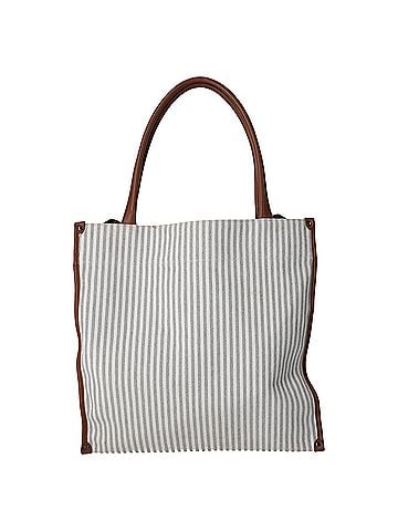 Brunello Cucinelli Brunello Cucinelli Striped Leather-Trimmed Tote Bag in Grey Canvas (view 1)