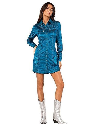 Coogi Shiny Snap Front Stretch Utility Mini Shirt Dress Casual Dress (view 1)
