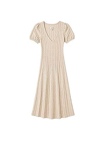 Free People Oatmilk Cable Knit V-Neck Puff Sleeve Midi Sweater Dress Casual Dress (view 2)