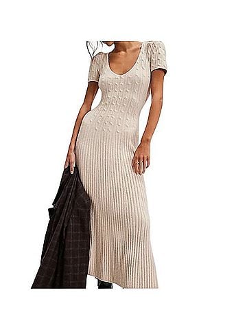 Free People Oatmilk Cable Knit V-Neck Puff Sleeve Midi Sweater Dress Casual Dress (view 1)