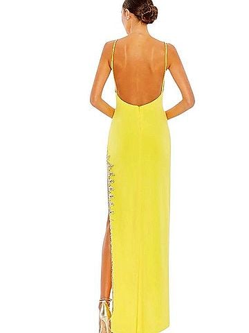 Mac Duggal Yellow Rhinestone Encrusted Side Slit Cami Bodycon Gown Cocktail Dress (view 2)