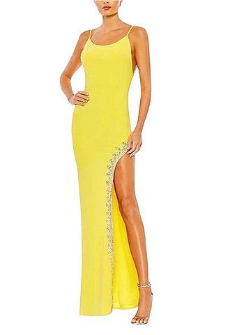 Mac Duggal Yellow Rhinestone Encrusted Side Slit Cami Bodycon Gown Cocktail Dress (view 1)
