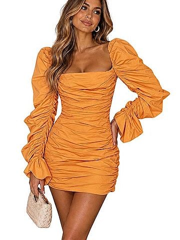 Caroline Constas Orange Ruched Square-Neck Mini Dress Cocktail Dress (view 1)