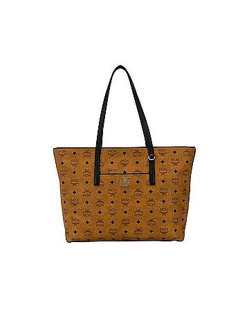 MCM Women's Cognac Brown Monogram Visetos Medium Shopper Tote Bag (view 1)