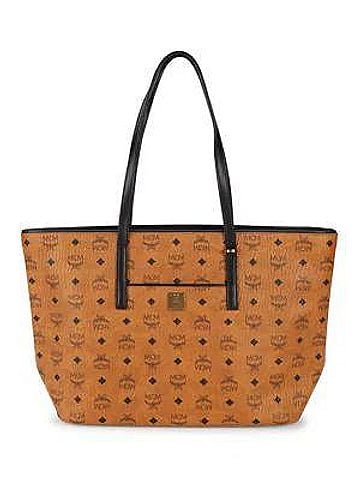 MCM Women's Cognac Brown Monogram Visetos Medium Shopper Tote Bag (view 2)