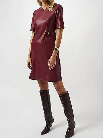 Joseph Ribkoff Leatherette Short Sleeve A-Line Dress in Merlot (view 2)