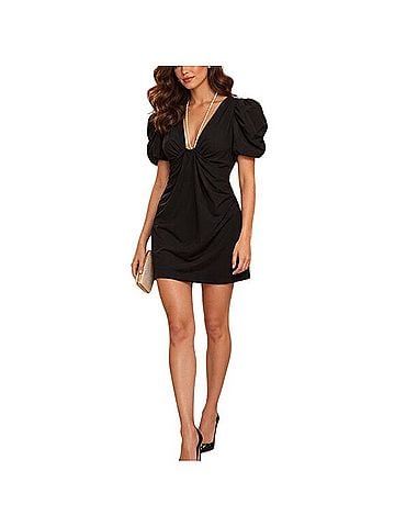 HYACINTH HOUSE Overlay V Neck Mini Dres Puff Sleeves Cocktail Dress (view 1)