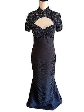 Jovani Deep Navy Ruched Short Sleeve Mock Neck Beaded Cut Out Maxi Gown Cocktail Dress (view 1)