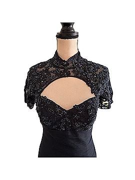 Jovani Deep Navy Ruched Short Sleeve Mock Neck Beaded Cut Out Maxi Gown Cocktail Dress (view 2)
