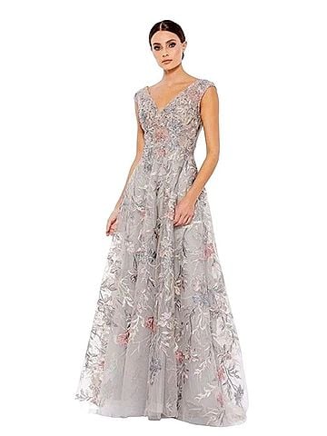 Mac Duggal MAC DUGGAL Embroidered Illusion Cap Sleeve A Line Gown Sz 6 20263 Silver $798 Cocktail Dress (view 1)