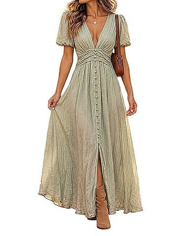 Anthropologie Sage Green Metallic Lurex Button Front Maxi Dress Casual Dress (view 1)