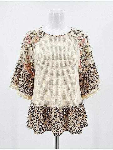 Umgee Floral &amp; Animal Waffle Knit Top in Natural (view 1)
