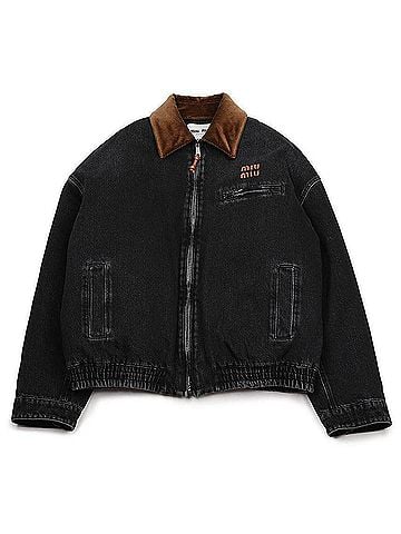 Miu Miu Real Logo Patch Corduroy Collar Denim Zip Jacket (view 1)