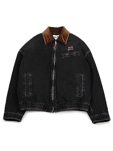 Miu Miu Real Logo Patch Corduroy Collar Denim Zip Jacket (view 2)