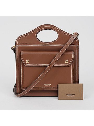 Burberry Topstitch Pocket Leather Mini Tote Bag Brown (view 1)