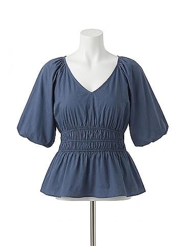 She + Sky Half Bubble Sleeve V-Neck Woven Top in Navy (view 1)