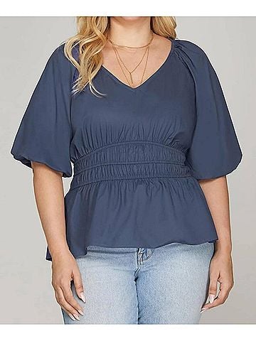 She + Sky Half Bubble Sleeve V-Neck Woven Top in Navy (view 2)