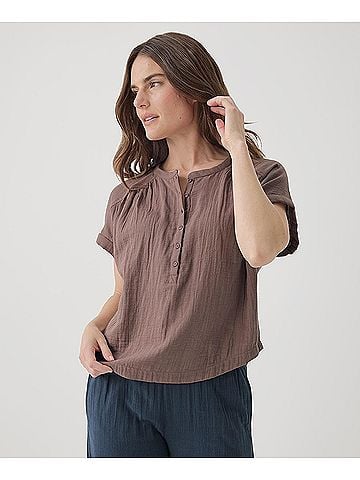 Pact Deep Taupe Coastal Double Gauze Short Sleeve Popover (view 2)