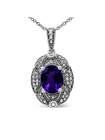 Haus of Brilliance .925 Sterling Silver Diamond Accent and 9x7mm Purple Oval Amethyst Gemstone Pendant 18" Necklace (I-J Color, I1-I2 Clarity) (view 1)