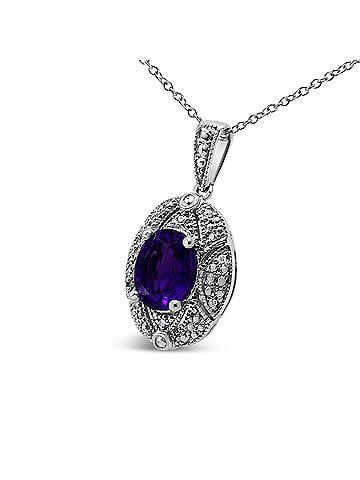 Haus of Brilliance .925 Sterling Silver Diamond Accent and 9x7mm Purple Oval Amethyst Gemstone Pendant 18" Necklace (I-J Color, I1-I2 Clarity) (view 2)