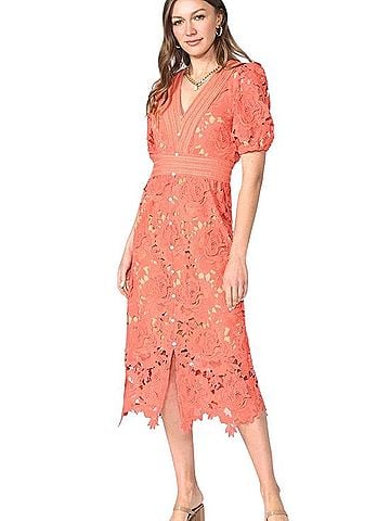 Adelyn Rae Coral Lace Eyelet Midi Dress Cocktail Dress (view 1)